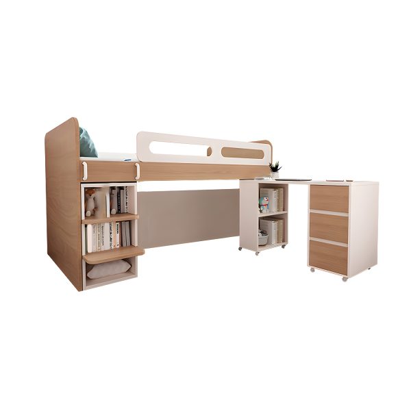 Children's loft bed with mattress and table